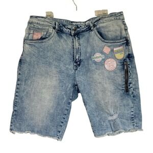 Born Fly Mens Light Wash Denim‎ Shorts Patches Size 36 Streetwear Distressed